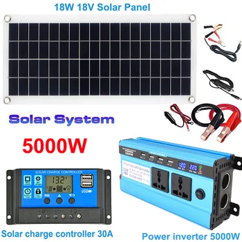Слънчевата Енергийна система с Мощност 5000 W, зарядно устройство от 12v до 220v Инвертор 30A, контролер на заряд, Соларен панел с мощност 18 W, пълен комплект за производство на електроенергия