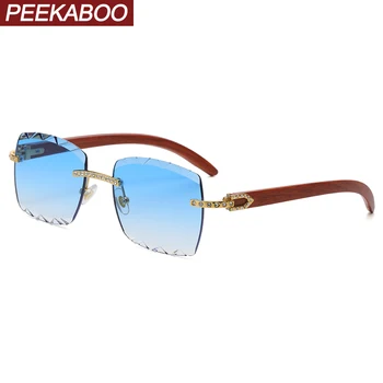 Слънчеви очила без рамки Peekaboo с дървесна шкурка за жени, кристали, модни квадратни слънчеви очила за мъже, зелени, сини орнаменти uv400