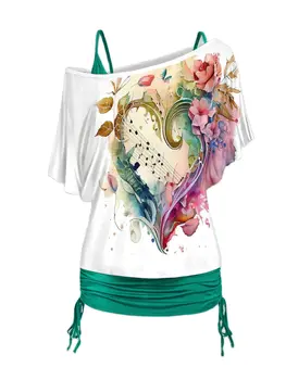 Тениска Dressfo с наклонена деколте, музикални нотки и флорални принтом, Летни дамски тениски, ежедневни тениски с рюшами и къс ръкав
