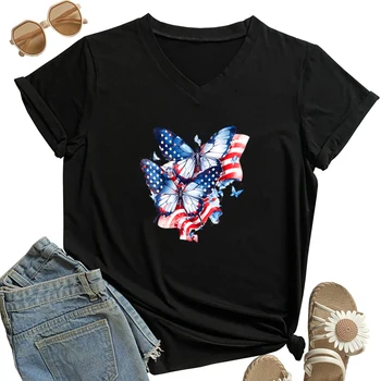 Тениски с образа на американския флаг, Тениска с V-образно деколте, дамски тениски Harajuku Butterfly Y2k, Тениски 4 юли, Летни тениски на Четвърти юли