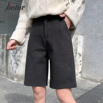 Тъмно-сиви Черни Вълнени ниски обувки, Дамски ежедневни директни къси панталони с висока талия Размер M-5XL за жени Есен-зима