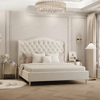 Френска Сватбена легло, Светлина, Луксозна Основна спалня, Модерна проста Двойно легло от масивно дърво 1,8 м, Класически, Крем, в стил Принцеса