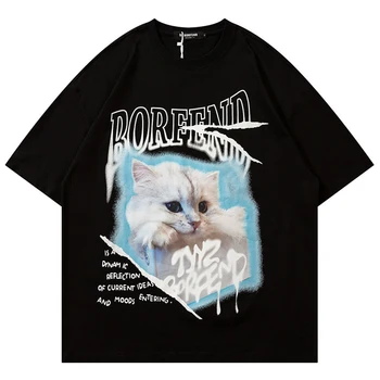 Хип-хоп Мъжки Женска Тениска С писмото принтом Котка, тениска с графичен принтом, Мъжка Проститутка, облекло, Памучен Свободна риза в стил Харадзюку с къс ръкав