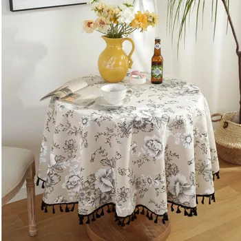 Цвете бельо памучен покривка с помпоном в ретро стил, покривка за кръгла маса, покривка за чай вечеря с тафлянцем