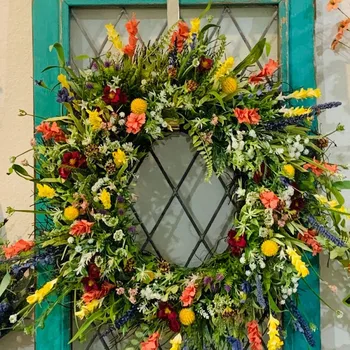 Цветен венец ръчно изработени, окачен декор, Пролетно-летния венец за входната врата, Венец от диви цветя, Украса на прозорци