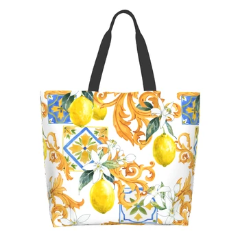 Чанта за пазаруване Lemon Tiles, Множество чанта-тоут В Сицилианска стил, Акварел чанта През рамо, Ежедневни Лека Чанта с Голям Капацитет