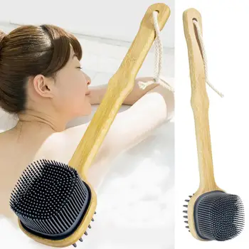 Четка за тяло, богат на функции дървена четка за къпане с дълга дръжка с мека силиконова четка за масаж на тялото, гърба, душ