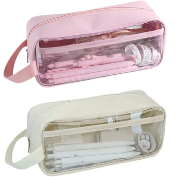 1 комплект Прозрачно пенала, японски молив случай за момичета с голям капацитет, скъпи молив случай, молив случай Бял и розов цвят
