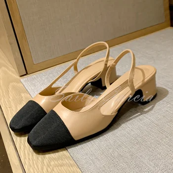 2023 Лятна Дамски обувки на среден ток от овча кожа в Ретро стил, удобни сандали Baotou на дебелите токчета, без закопчалка с каишка отзад в тон