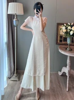 2023 Лятото Ново Бежевое Винтажное рокля Чонсам в китайски стил с къс ръкав, рокля комбинация с халат за баня, Един комплект, рокля от S до XXL