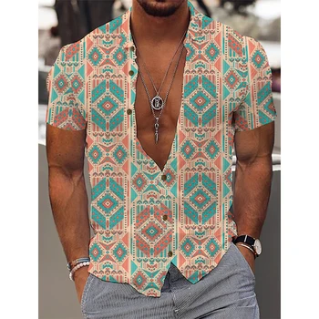 2023 Мъжки Тропически Хавайски ежедневни риза с 3D принтом Годишният почивки на Яка с открити рамене Ретро карирани топ с къс ръкав