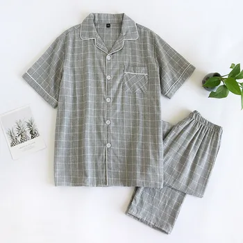 2023 Японски Пролетно-летния Мъжки Пижамный комплект от 100% памук в клетка с къс ръкав + панталони, комплект от две части, Голяма мебели за дома