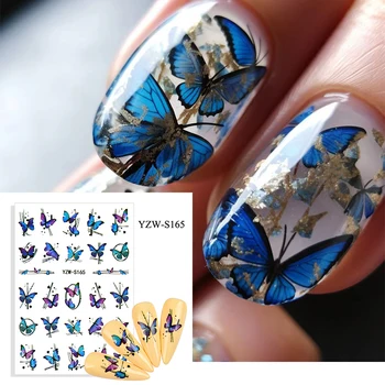 3D Акварели стикери за нокти с пеперуди, Градиент цветни стикера за нокти с папийонка и Гортензией, Водна татуировка за декорация на нокти