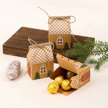5 бр., Кутия шоколадови бонбони във формата на Коледните къщички, Подаръчни торбички, кутия за опаковка на бонбони 