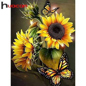 Huacan 5D Диамантена живопис Цвете Кръгла Бормашина Мозайка на Слънчогледа Пеперуда Подаръчен комплект за бродиране Home Decor 30x40cm