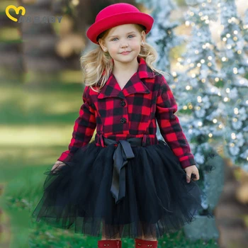 ma & baby/ Коледни дрехи за момиченца от 1 до 6 години, Тюлевое Рокля в клетка с дълги ръкави и Принтом, Празнични Червени Рокли За момичета, Коледни Костюми D05