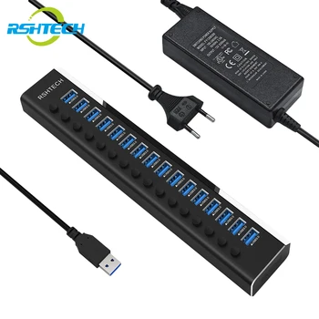 RSHTECH USB hub 16 Порта 100 W USB 3.0 Концентратор на Данни Алуминиев 5 Gbit/с Газа с Адаптер за захранване 12V/8.3 A Индивидуални Ключове за Включване/Изключване
