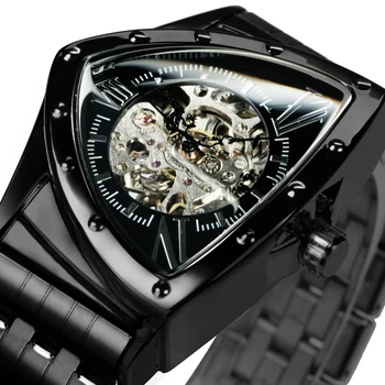 WINNER Черни механични часовници с Триъгълен Скелетоном, Най-добрата марка за Луксозни каишка от неръждаема стомана, Модерни спортни Автоматично мъжки часовник, на Новост
