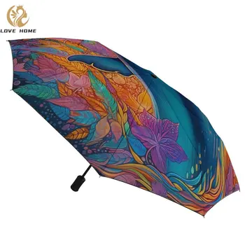 Автоматичен чадър Dolphin 3-те пъти с ярки цветни рисунки, чадър от слънце и дъжд, черно палто, преносими чадъри за мъже и жени