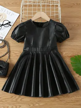 Бебешка рокля от изкуствена кожа за момичета (черно, 5-7 години)
