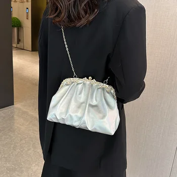 Брилянтна Лазерна Дамска кожена чанта Cloud Bag 2022, Ретро чанта през рамо с веригата, Луксозна дамска чанта, плиссированная чанта-клецка, празничен клатч
