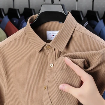 Висококачествена и модерна мъжка риза с дълги ръкави от 100% памук, пролет-есен нова корейска ежедневни риза с джобове, устойчиви на бръчки топ