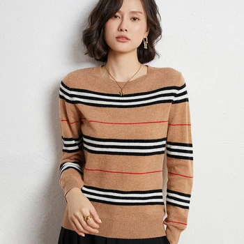 Вълнен пуловер женски есенно-зимния нов 100% вълна вязаный шарен пуловер жена с кръгло деколте тънък модерен пуловер женски