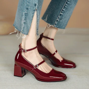 Дамски обувки Mary Jane, пролетно-есенни нови обувки-лодка на дебелите обувки с квадратни пръсти в Ретро стил, Обувки Mary Jane