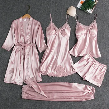 Дамски пролетна, есенна и лятна Коприна секси пижама от пет елементи с накладки на гърдите за женската домашна среда
