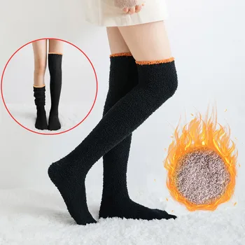 Дамски чорапи, Черни на Бели плюшени топли дълги чорапи, обикновена чорапи над коляното, зимни Пухкави топли найлонови Чорапи
