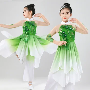 Детски дрехи за изпълнения с класически танци за момичета Yangge, нова детски дрехи за танци с национален фен и чадър