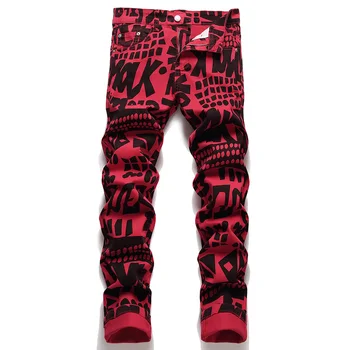 Дизайн в стила на рок-пънк, Мъжки червени дънки с принтом, Модни букви, модел грах, Тънки зауженные дънкови панталони-участък, Памучни панталони, дънки