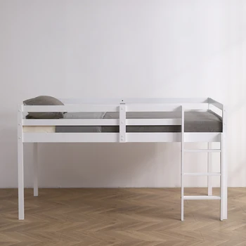 Директен стълба с напречно монтиране, Двойно Дървено легло от бял бор, Бяла мебели за спалня