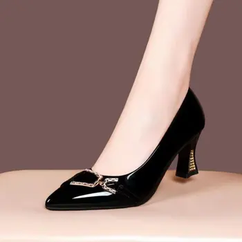 Есен 2023, Нови модни дамски обувки на висок класически тъмно сини обувки с кристали, дамски пролетно-летни удобни и модерни обувки на висок ток