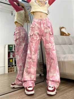 Есенна Реколта дрехи на 90-те години на Ярко-Розови Камуфляжные Панталони-карго Дамски Ежедневни панталони с прав штанинами в японски стил Y2K Панталони в стил хип-хоп