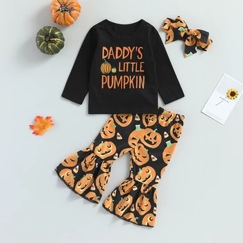 Есенни дрешки За малки момичета, Пуловер с дълги ръкави и писмото принтом Тиква, Hoody, Топ, Разкроена панталони, Комплект от 2 теми за Хелоуин