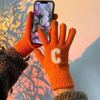 Есенно-зимни ръкавици от изкуствена вълна с буквата C, Дамски плетени калъф за ръкавици, Ръкавици в корейски стил, Ръкавици със сензорен екран, Улични ръкавици