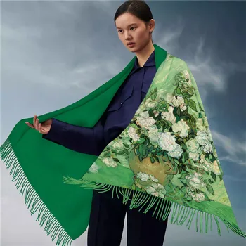Есента и зимата са 2023, нов вълнен модерен женски шал с пискюли, шал с принтом бели рози, дебели топъл шал със защита от студ