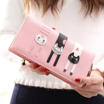Жена чантата си, устойчив на абразия портфейл от изкуствена кожа, сладък котки държач за карти, чанта за мобилен телефон, дълга клатч, портфейл за монети за момичета