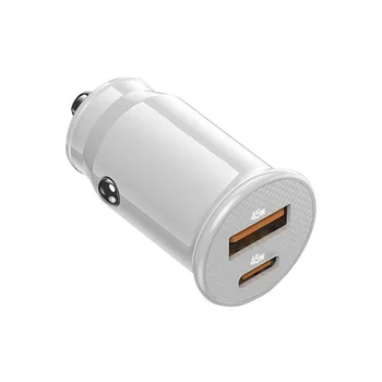 Зарядно за кола Mini USB Бързо зареждане C USB зарядно за Кола QC 4,0 45 W 5A Тип PD Бързо зареждане зарядно за Кола за телефон (ярко бяло)