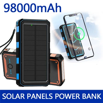 Захранване от слънчев панел Безжично зареждане на мобилен източник на захранване 98000 ма с лагер лампа Зарядно устройство за мобилни телефони USB Портове Батерия