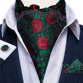 Зелени Копринени Мъжки Ръкавели, Ascot Модел от Червени Рози, Луксозни Джобни Квадратни копчета за Ръкавели, Модерен Бизнес Сватбени Вратовръзки в Британския Стил, Вечерни Вратовръзки за Мъжете