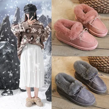 Зимни обувки от велур с изкуствена бантиком, изолирана от кожа, Дамски обувки, ботильоны, зимни домашни обувки без закопчалка, дамски обувки са с памучна подплата