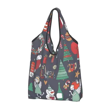 Коледен комплект, Дамски ежедневни пазарска чанта през рамо, Голяма чанта голям-тоут, Преносима чанта за съхранение, сгъваеми чанти