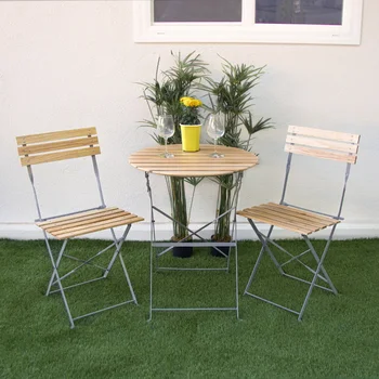 Комплект за вътрешен двор-бистро от дървени талпи от 3 теми, маса и 2 стола, кафяв, градинска мебел