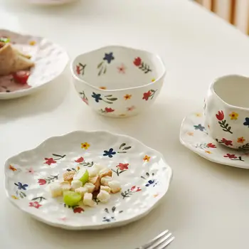 Корейската малка керамични съдове с цветен модел ins прост неправилна форма, основно ястие, кафеена чаша, чиния, купа за ориз, купа за плодове