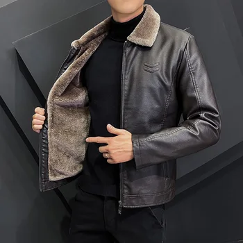 Корейската мъжки зимна мода, най-Новите руното кожа кожено яке с ревера, светкавица, с директен подолом, Официални ежедневни палто кожено яке-бомбер