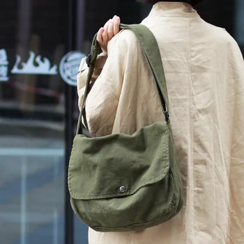 Корейски чанти от постиранного платно, художествена чанта-месинджър през рамо, модерен прости модели за двойки, на помещение-месинджър