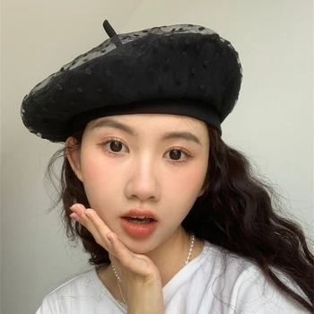 Корейски черен дантелен мрежест снимки грах, женски, голяма обиколка на главата, пролетно-лятна однотонная шапка на художник с темперамент