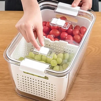 Кутия За съхранение на Хладилника Кутия За пресни зеленчуци и Плодове, Кошница за източване, Контейнери за съхранение С капак, Органайзер за кухненски инструменти